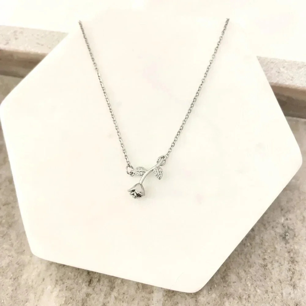 925 Sterling Silver Rose Pendant Necklace Flower Necklace